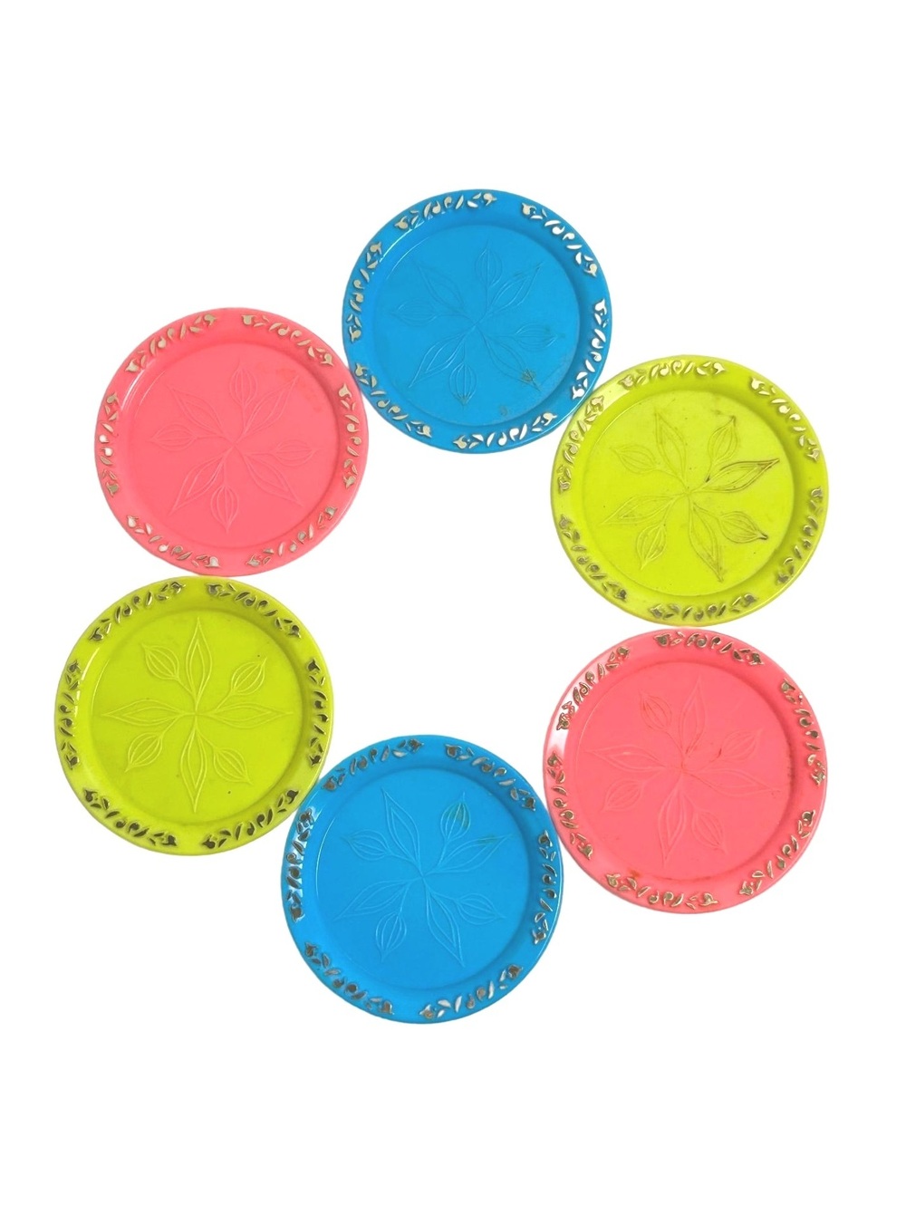 Set of 6 Colorful Decorative Coasters with Leaf Motif and Embossed Edges